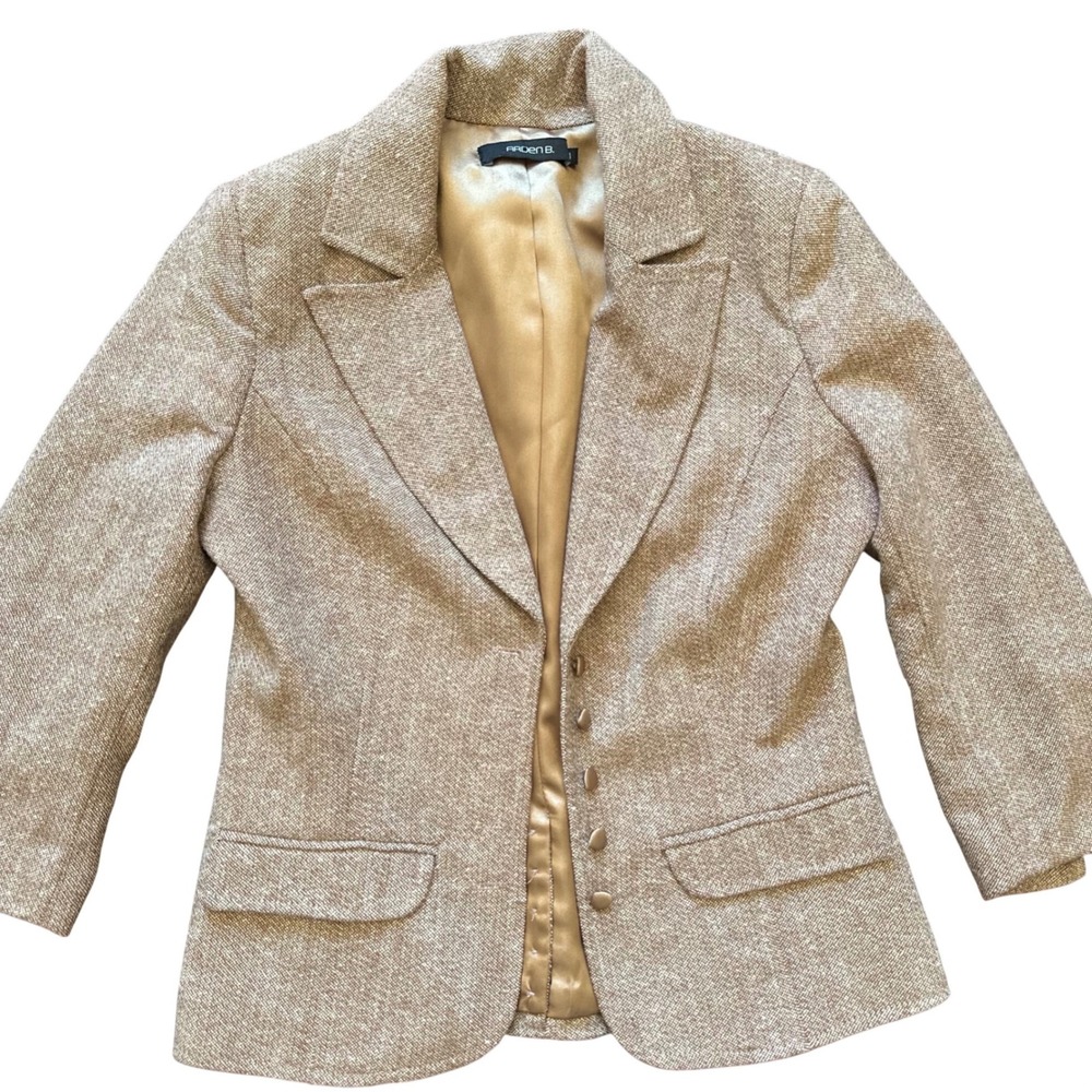 Arden B Tan Wool Blend Tweed Blazer Satin Button Back Detail Jacket Womens